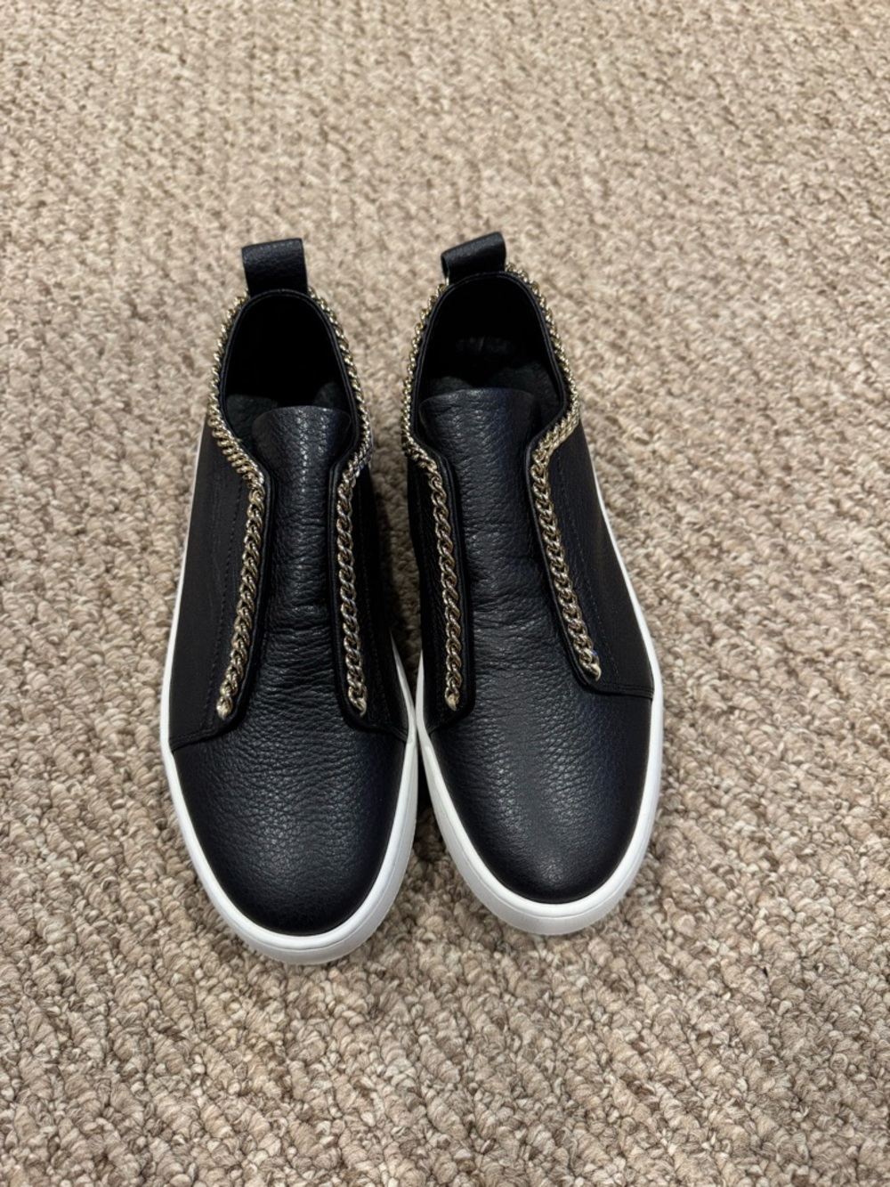 Stokton Made in Italy, Black Slip-On Sneakers with Gold Chain Trim NWOB